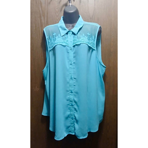 Torrid Women's 3X Sleeveless Mesh Yoke Button-Up Blouse Aqua Blue (JC254) - Picture 5 of 6